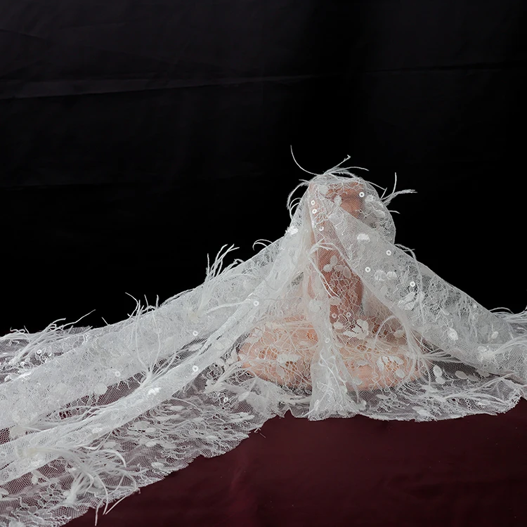 MX571 White Tulle Feather Sequin Bridal Mesh Embroidery Fabric Lace For Wedding Dress