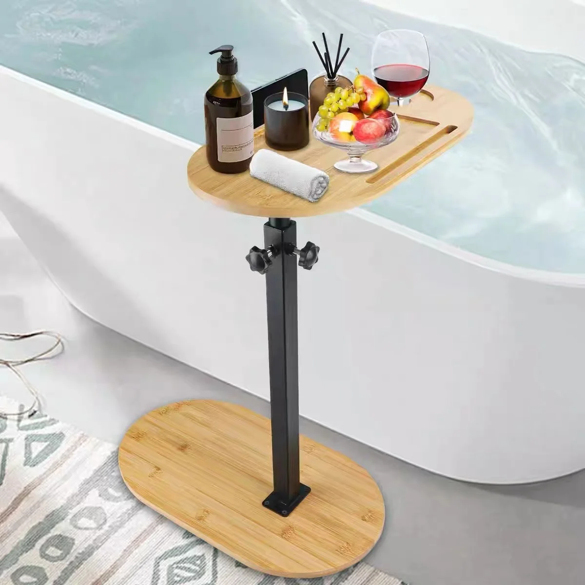 Bamboo Bath Tub Tray Table with Adjustable Height, Swivel Side Table for Tub Against Wall/Couch/Bed