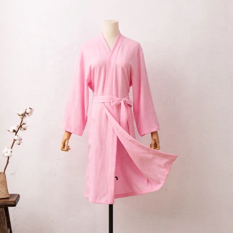 Custom logo Kimono Robe Cotton Linen Spa Sauna Bathrobe Sleepwear Loungewear Dressing Gown