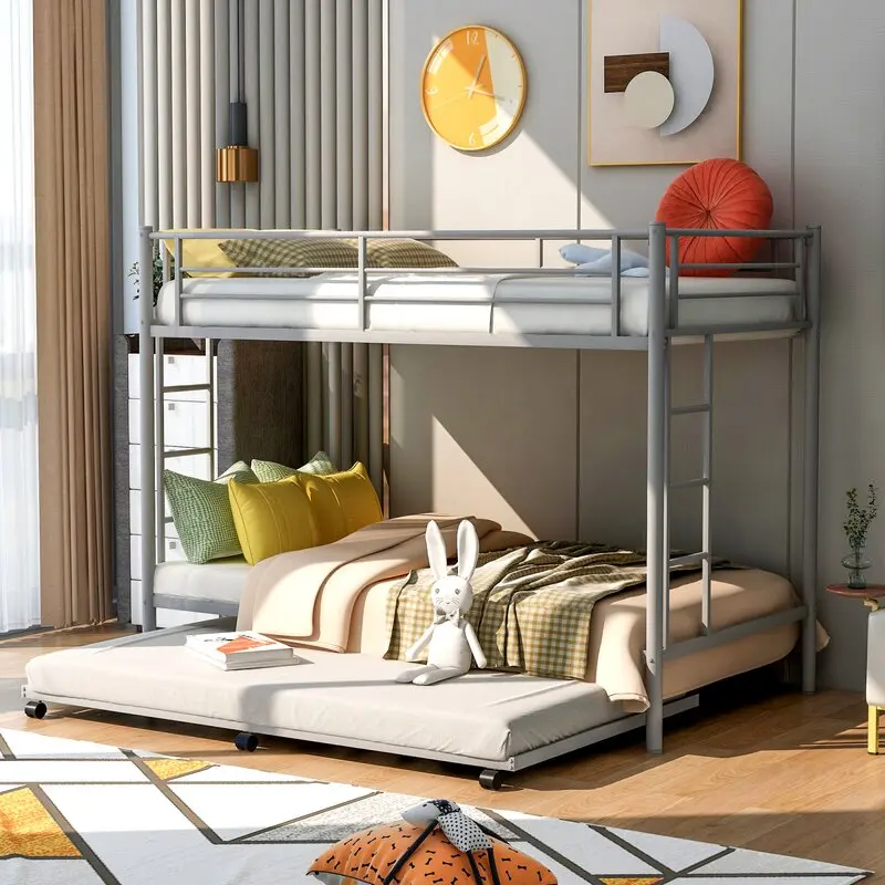 White Wrought Iron Bed Kids Double Twin Single Metal Bunk Bed with Trundle