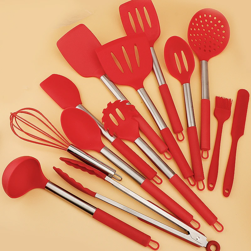 2023 New Kitchen Set With Stainless Steel Handle 14pcs Silicone Kitchen Utensils Set With Plastic Bucket Cooking Utensils