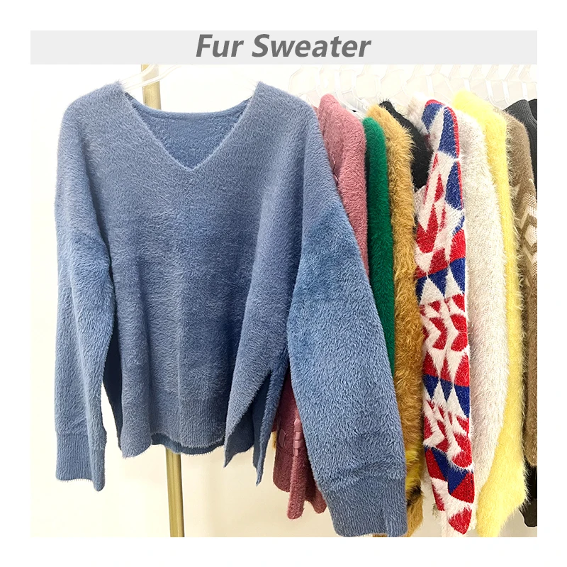Branded Selected Second Hand Fur Sweater Used Women Clothes Clothing Sweater in Bales