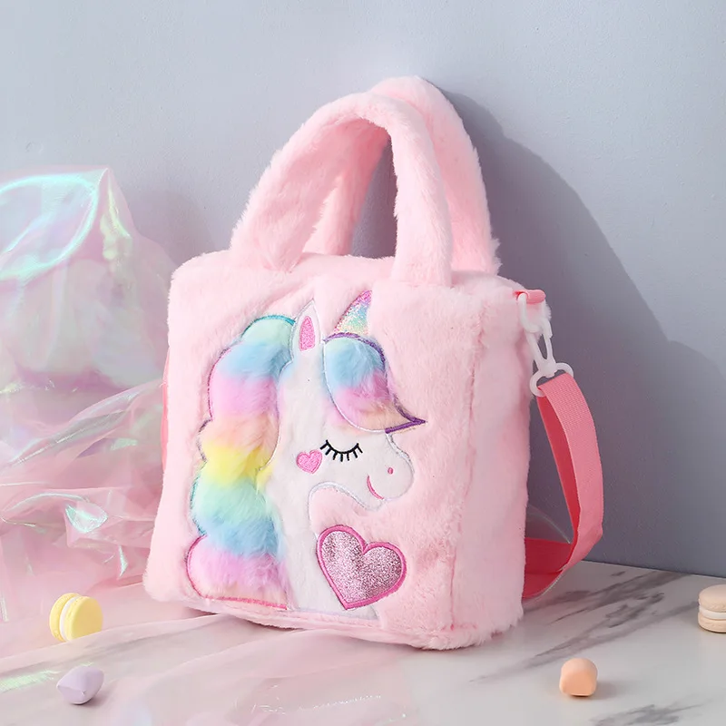 Wholesale high quality cute cartoon ladies purse shoulder bag fashion kids children unicorn plush bags women