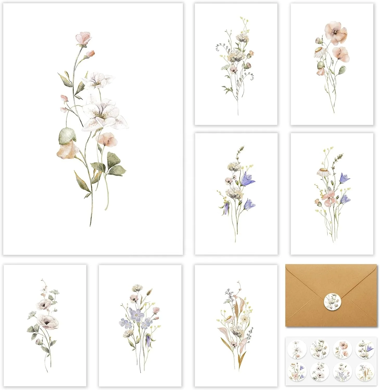 Watercolor Wildflowers Blank Greeting Cards with Envelopes and Matching Sticker - Blank Note Cards and Envelopes