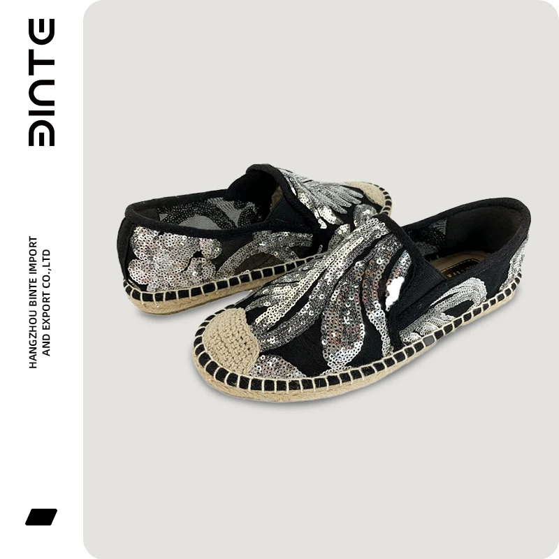 sequin embroidery mesh cloth flat nature jute espadrille