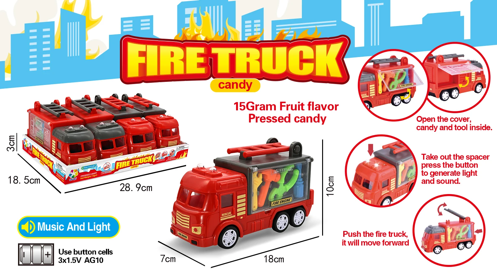 New Confectionery Toys Light Up Musical Vehicle Juguetes con Caramelo Fire Truck Candy Toys
