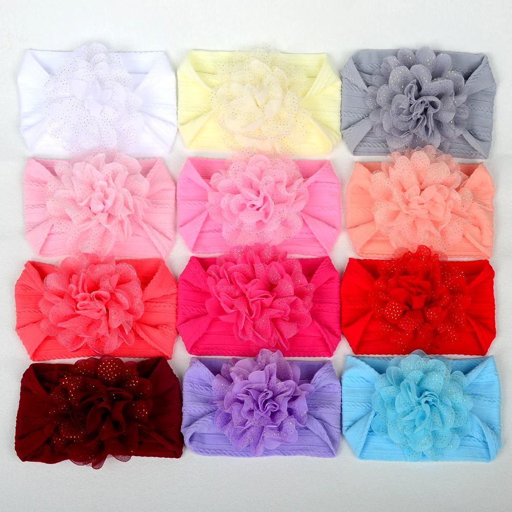 China factory wholesale Baby Nylon Headband Flower Top Knot Hairbands Soft Newborn Fabric Hair Bands