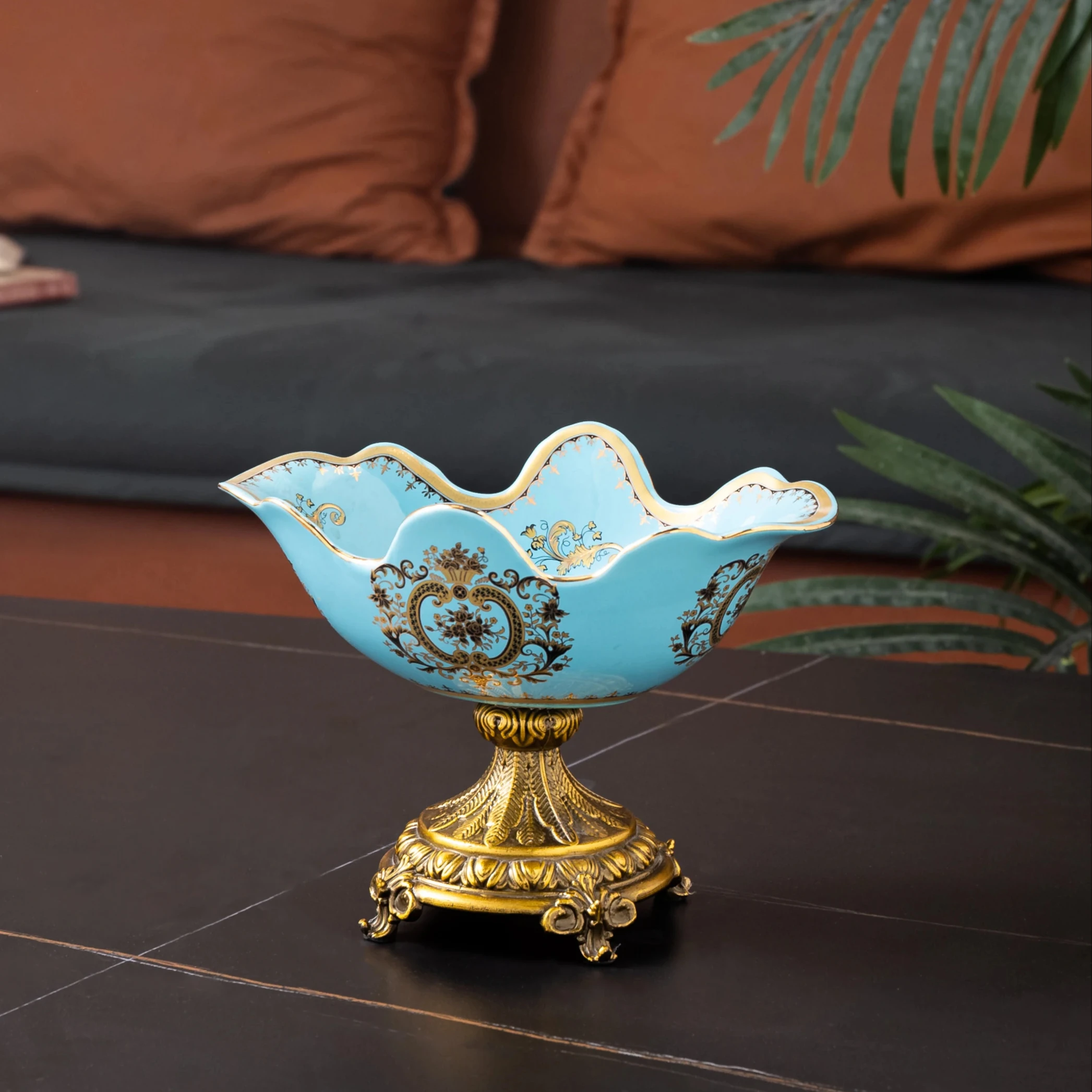 Custom high quality ubek kazakhstan home decor ornament blue new design luxury ceramic fruit tray