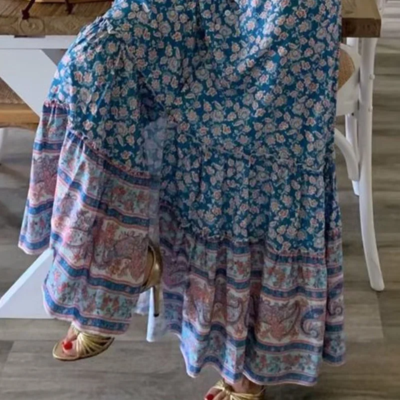 2022  Sexy Maxi Skirts Women's Summer Printing Button Down Long Skirts Low Waist  Blue Skirt Chic Fashion Ski