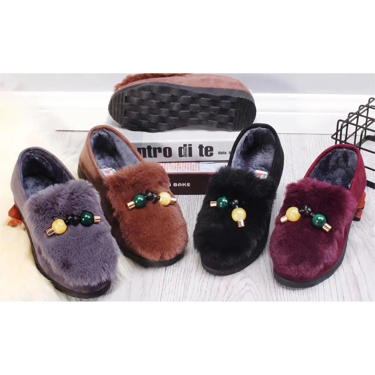 Fluffy moccasin women home winter shoes and snow boots