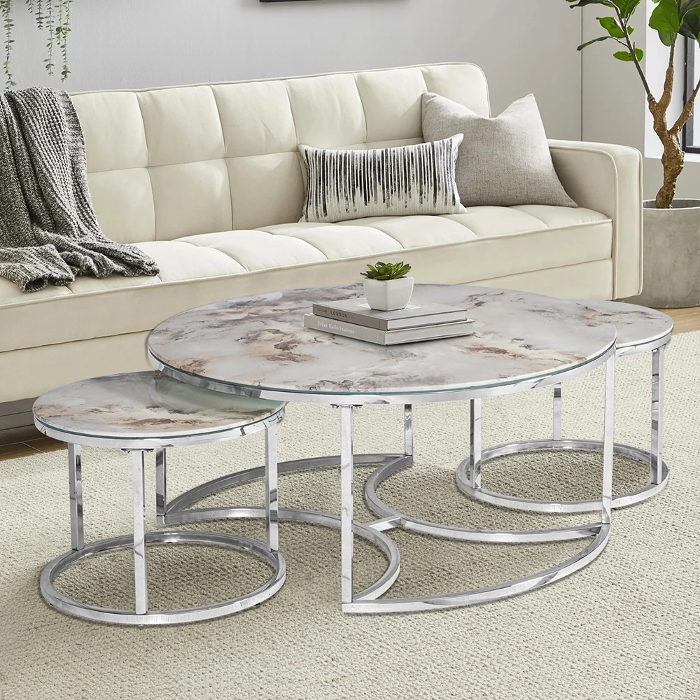Coffee Tables Living Room White fiber glass Round Modern Luxury Sliver Stainless steel Centre 3 pcs Coffee Tables Set