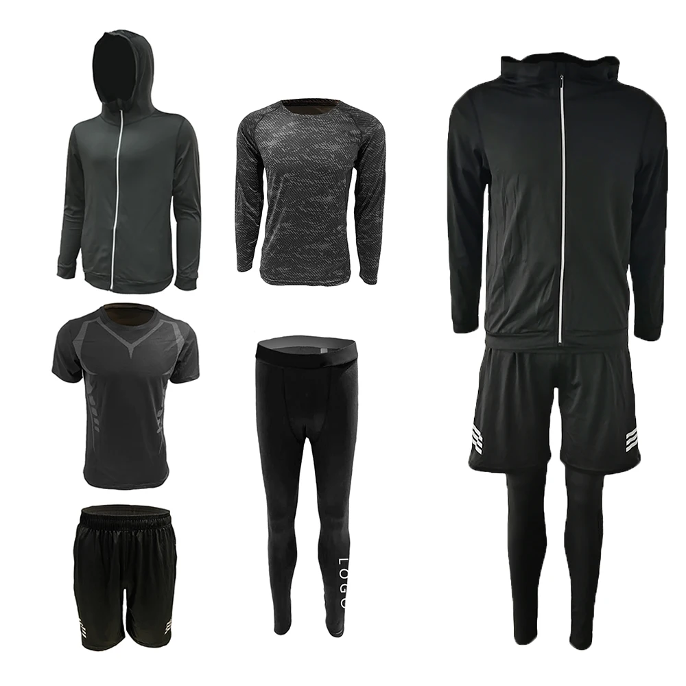 Custom Mens Quick Dry Compression Tracksuit Tights Hoodie Fitness Gym Wear Suit Jogging Training Sportswear 5 Piece Workout Set