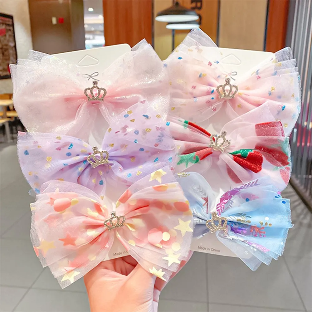 Spring Summer New Girls Cute Print Chiffon Big Bow Crown Hairpins Sweet Headband Hair Clips Barrettes Fashion Hair Accessories