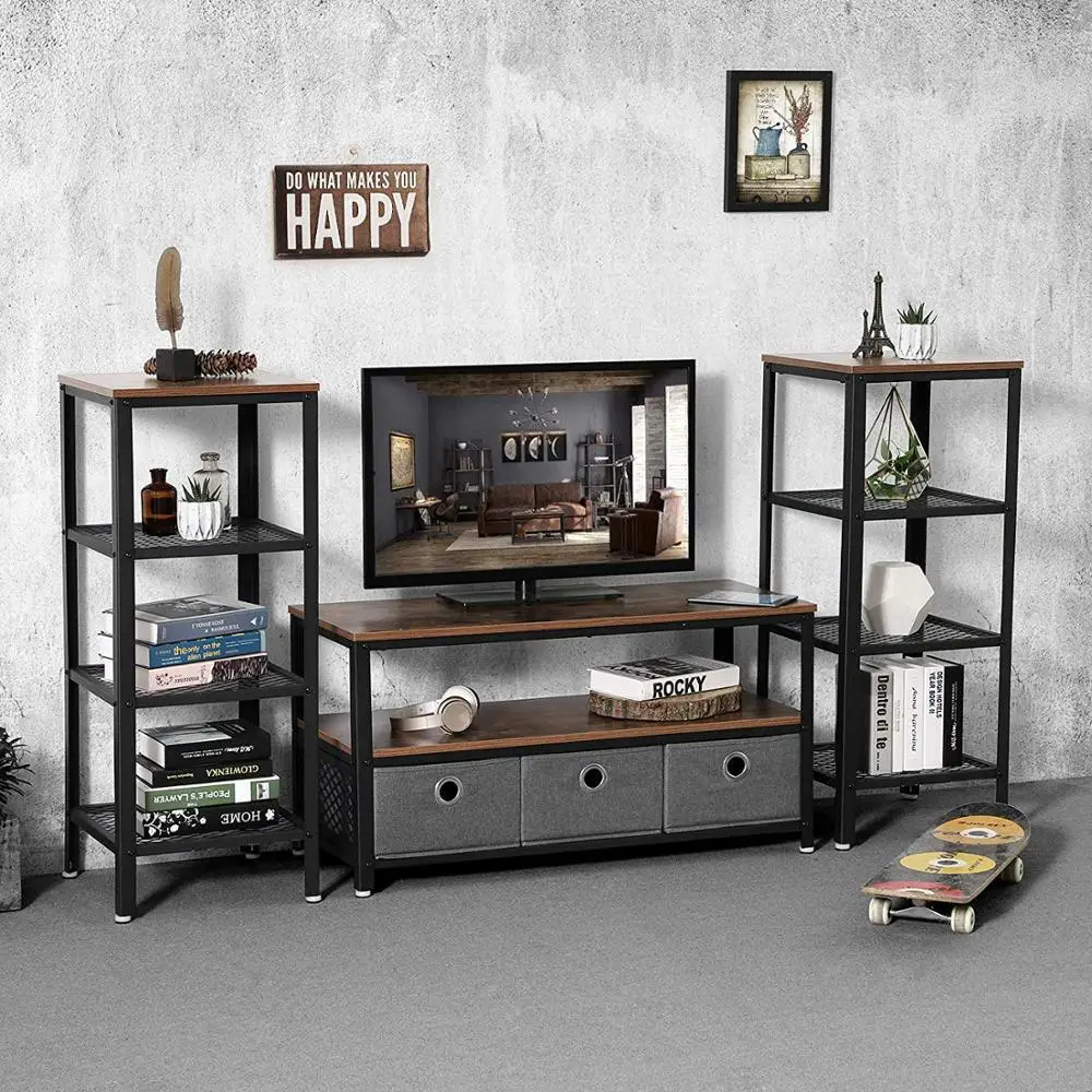 Modern black tv cabinet wooden metal tea table wall unit cabinet console stand set modern