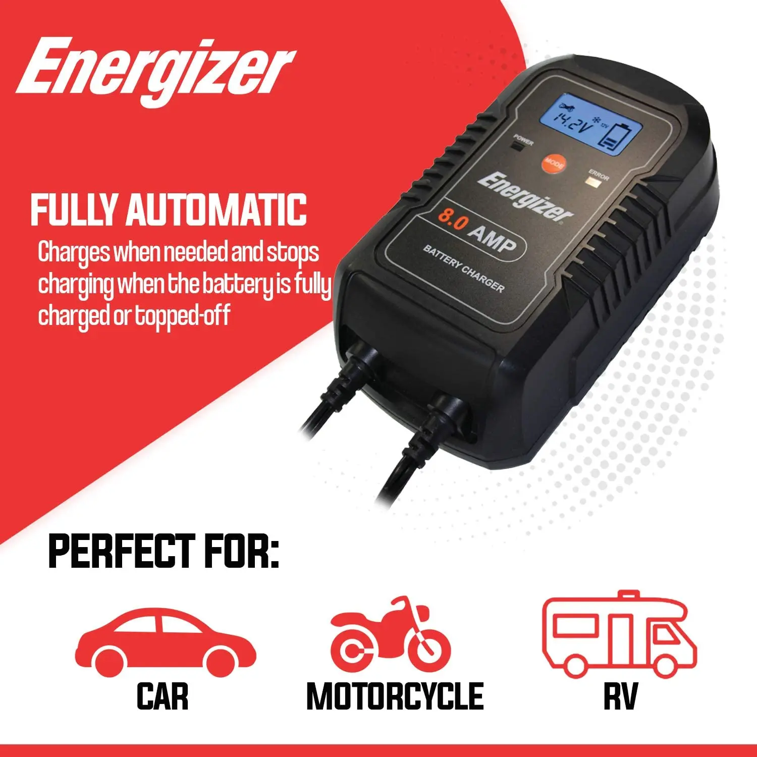 Energizer 8Amp Fully-Automatic Smart Charger 6V 12V Battery Charger Battery Maintainer Trickle Charger