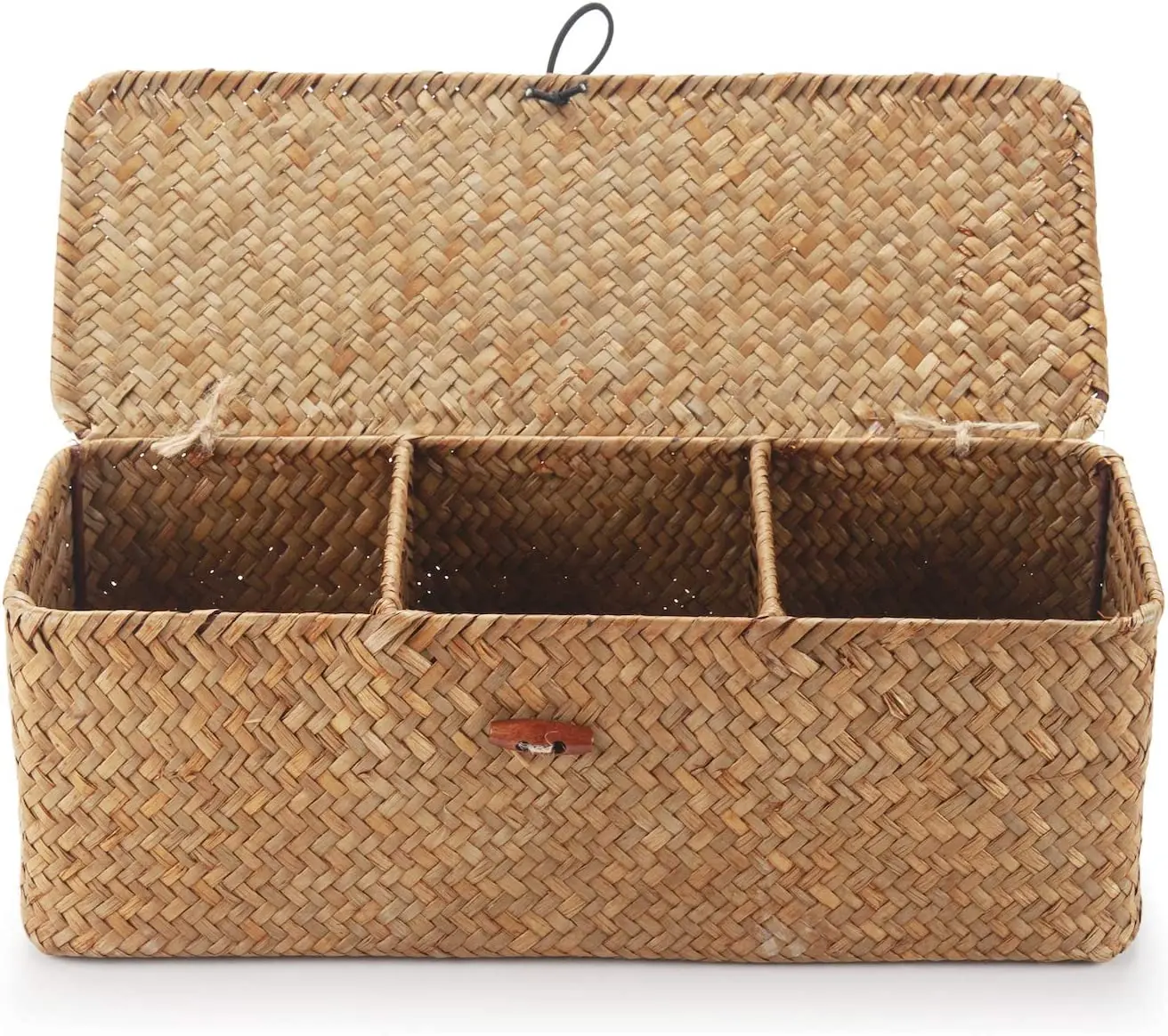 Seagrass Storage Basket with Lid Rectangular Small Woven Shelf Baskets with Sections for Organize Snack Toys