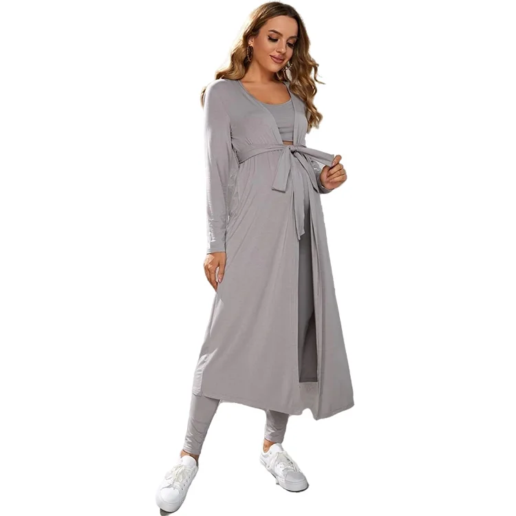 Maternity Clothes Pregnancy Rayon Solid Tank Top & Leggings Set With Belt Coat Nursing Pajamas