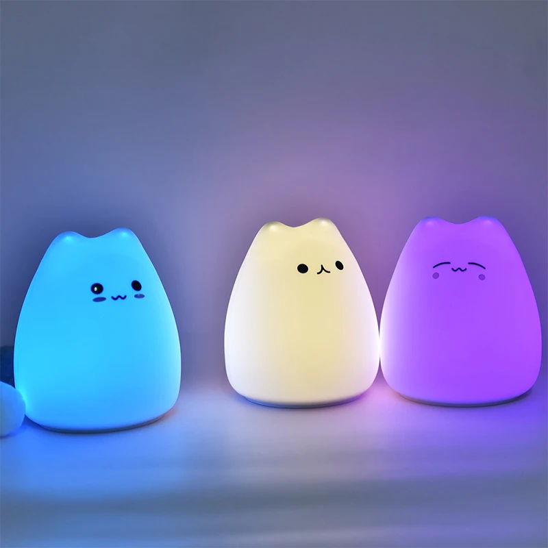 Cute Night Light Soft Silicone Baby Nursery Lamp Kitten Sensitive Tap Control Remote Control Type Cute Kitty Night Light