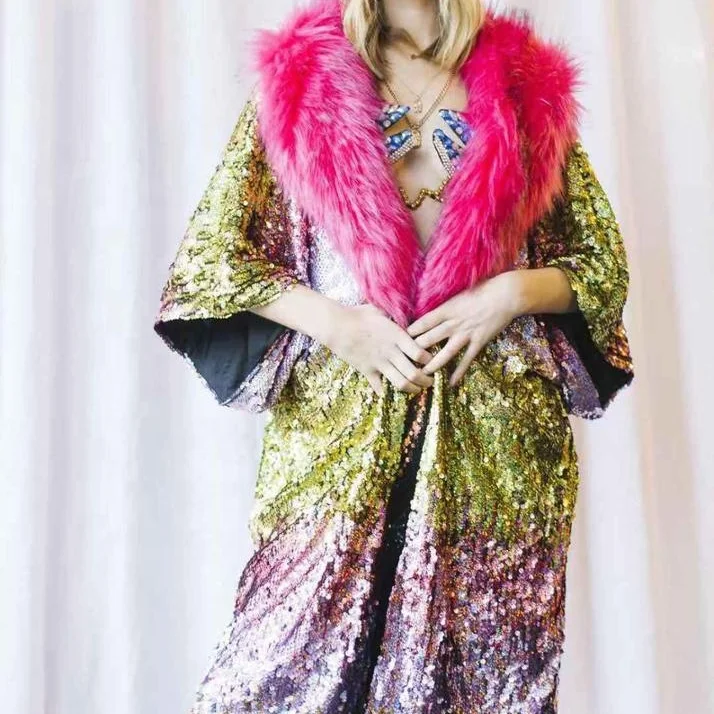 ready  drop shipping lady women fashion stage  performance concert  party  discolour sequins  amazing long hiphop luxury coat