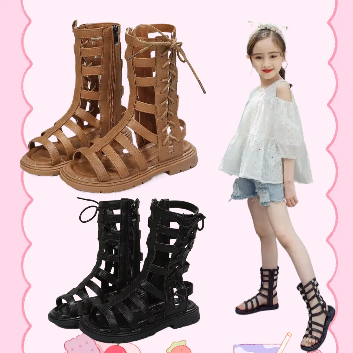 RTS Roman style contracted pure color zipper kids sandals girls PU material breathable sandals for kids