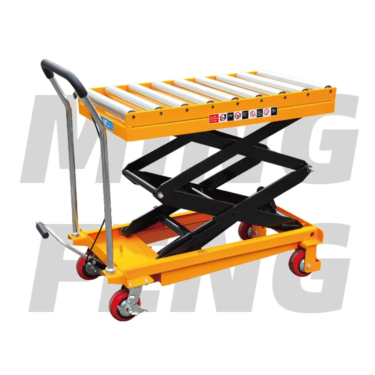 mingfeng high quality Manual hand Hydraulic mobile Lift Tables cart with rolly Double Scissor 350kg for factory Workshop