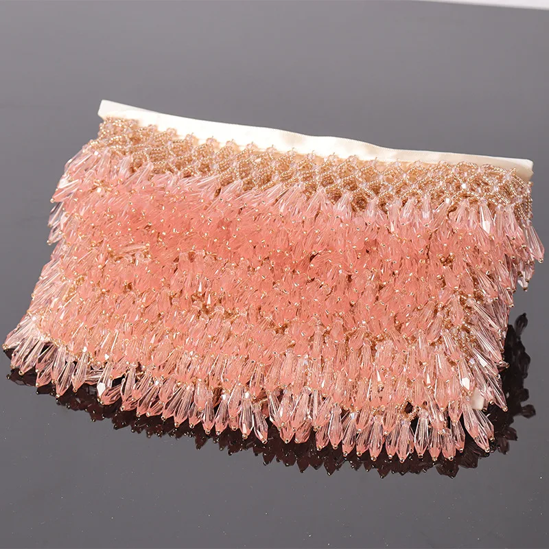 LS983 Hot Sale Fashion 5 CM Iridescent Glass Crystal Beaded Lace Trim Mesh Weaving Fringe Tassel Trim