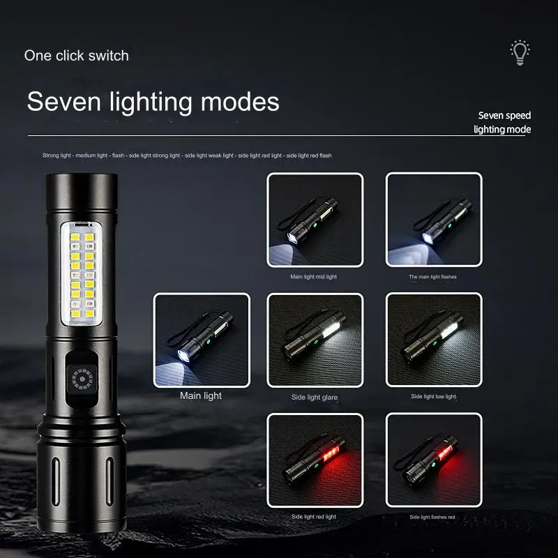 Ultra Bright LED Torch USB Type-C Charge COB Zoomable 3000 Lumens 7 Modes Torch Emergency Blue Red  Warning FlashLight