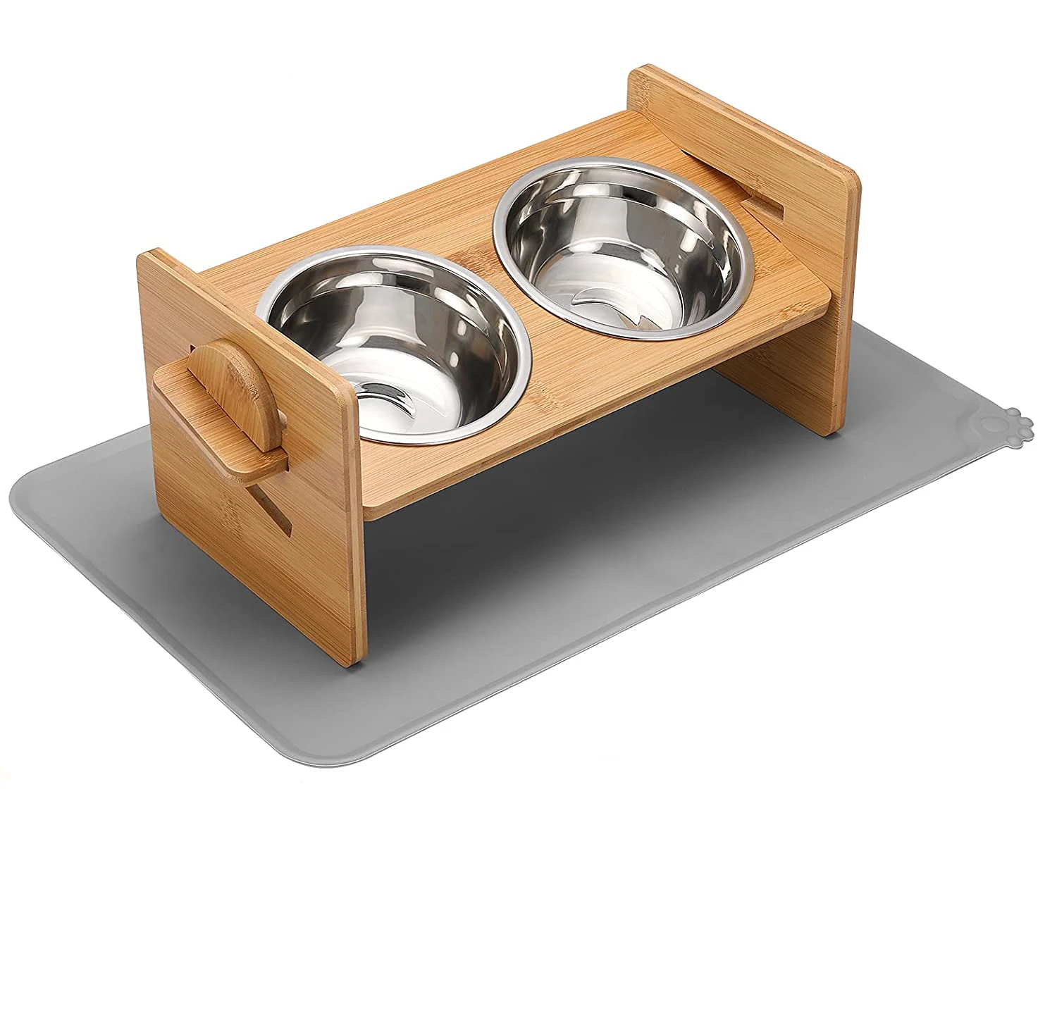 Wholesale Adjustable Bamboo Elevated Dog Bowls Elevated Dog Cat Food and Water Bowls Stand Feeder with 2 Stainless Steel Bowls