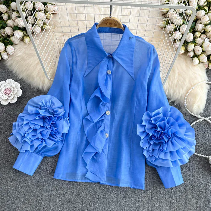 YM8846   Wholesale 2013 Korean Chic Candy Color Ruffles 3D Floral Loose Design Long Sleeve Shirt Blouse Shirt Tops 7