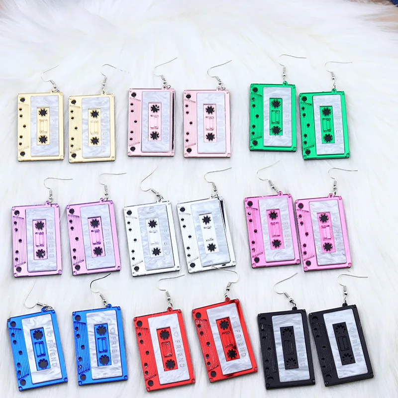 Wholesale Vintage Creative Personalized Cassette Tape Acrylic Dangle Earrings Music Acrylic Magnetic Tap Drop Earrings