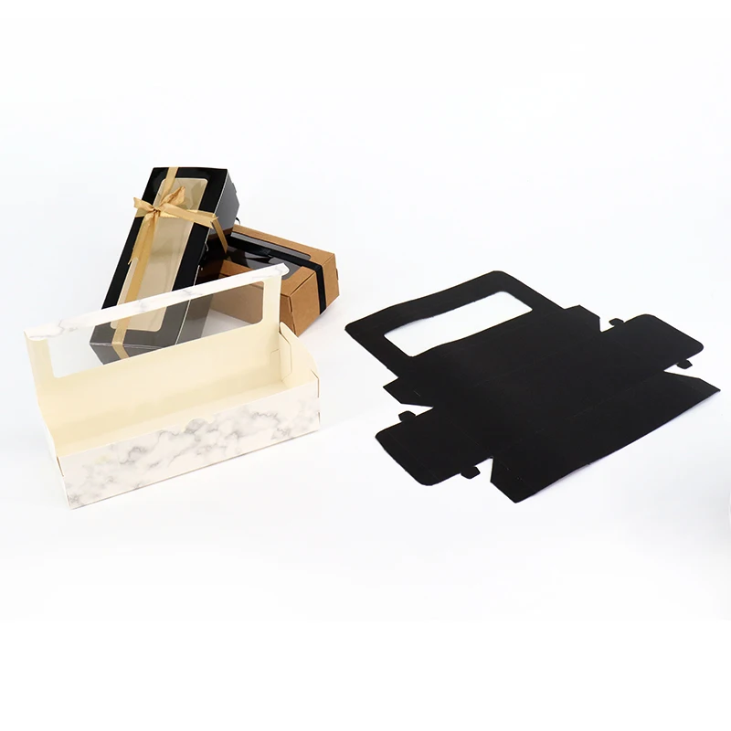 Wholesale Macaron Swiss Roll Package Black Cookie Cake Chocolate Kraft Paper Packaging Gift Box For Cookies With Clear Lid