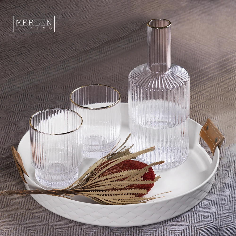 Merlin Living Unique Vintage Ribbed Juice Cocktail Whiskey Glass Liquor Decanter Nordic Wedding Party Birthdays for Home Decor