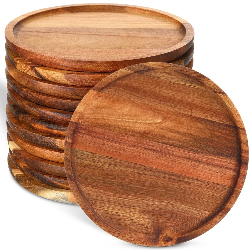 Wholesale custom table dinner food wood tray pan acacia wood dishes & plated 8 inch round wooden charger plates