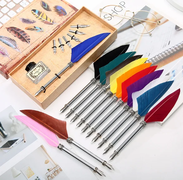 Quill pen and ink feather quill pen set includes 6 steel replacement nibs base and dip ink bottle for antique calligraphy