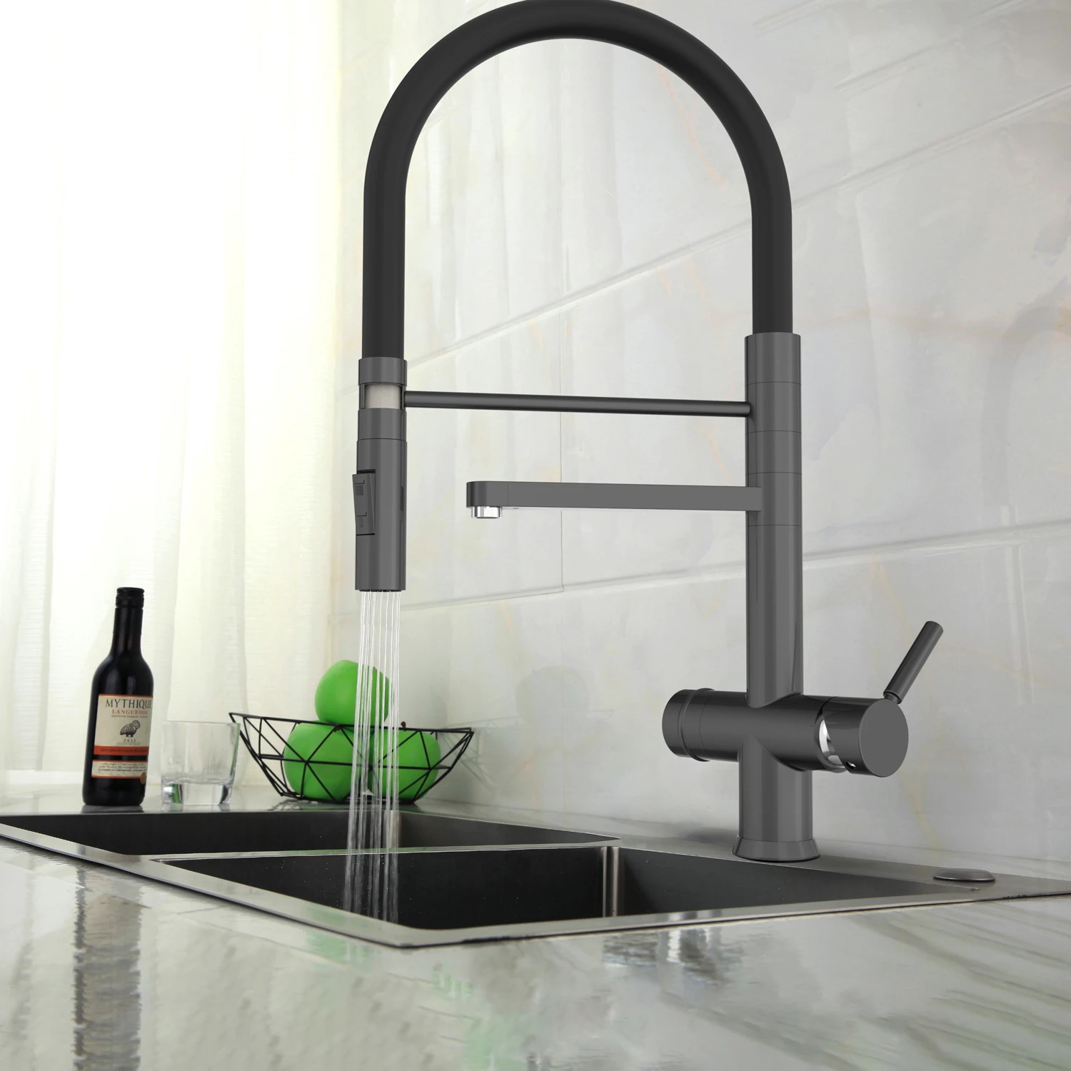 2022 Pull Out Double Handle Three Way Kitchen Faucet Matt Black Spring Pull Down Spray 3 Way Filter Water Tap