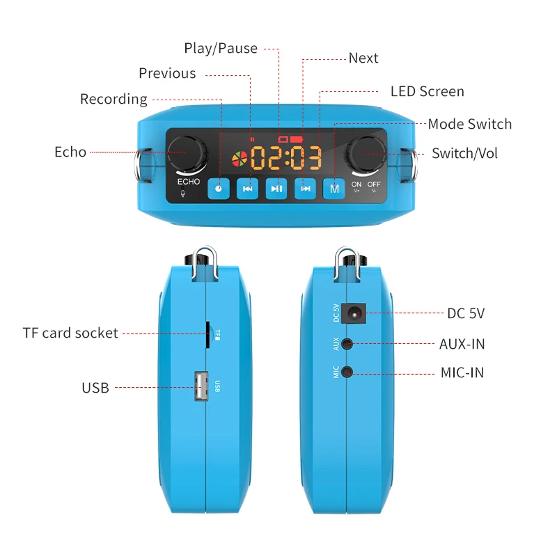 25W Portable Wireless Voice Amplifier for Teacher Speaker with Microphone Echo AUX TF USB Flash Recording