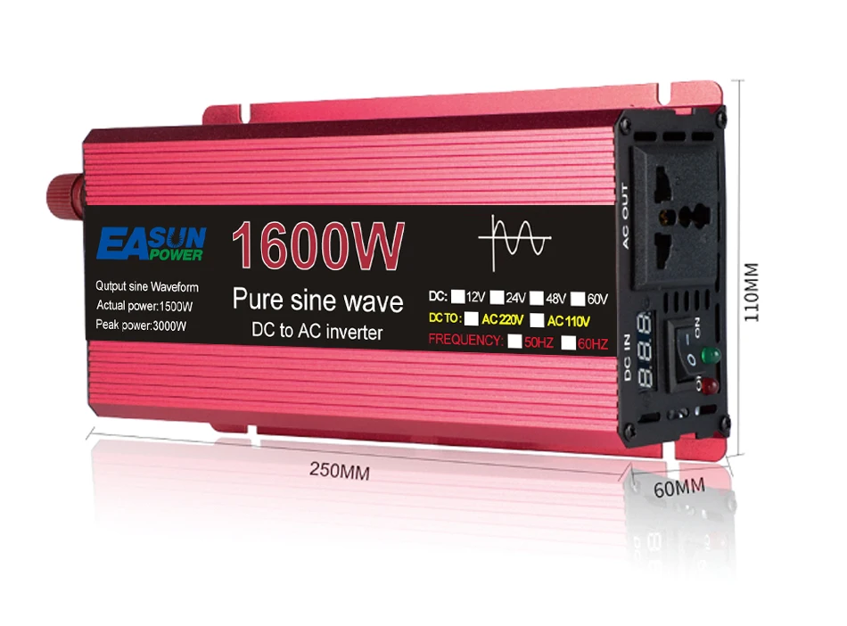 1000W 1600W 3000W Pure Sine Wave Inverter DC 12V 24V To AC 110V 220V Voltage Transformer Power Converter Solar Car Inverte