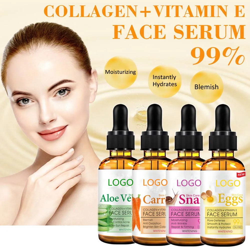 Private Label 99% Aloe Vera Carrot Snail and Eggs Whitening Face Serum Set with Vitamin E and Collagen