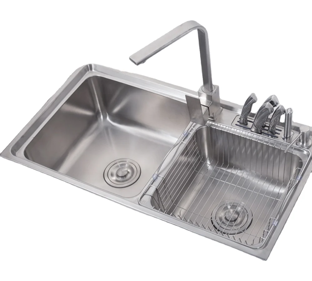 Gudsink 7843 multi function double bowl sink kitchen basin sink stainless steel kitchen sink with roll up rack soap dispenser
