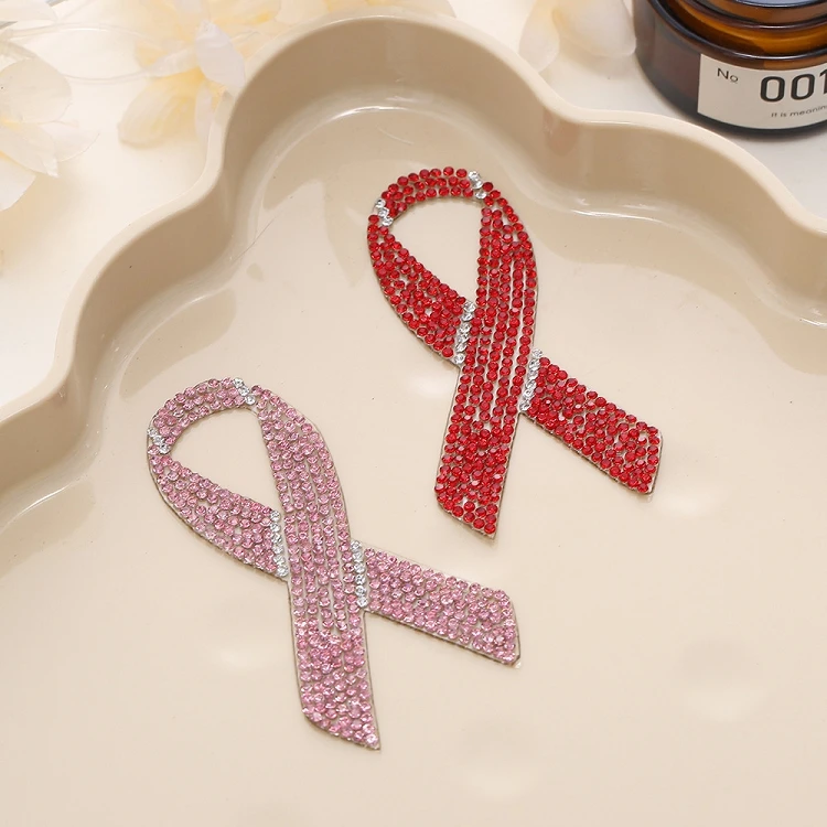 Wholesale self adhesive red pink bling crystal mental health patches glitter rhinestones cancer awareness ribbon patches for hat