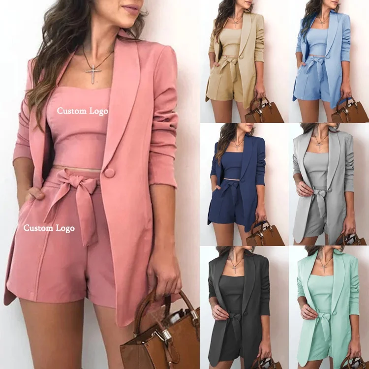 2021 Office 3 Pieces Tank Top High Waist Shorts Ropa Damas Set De Mujer Ensemble Blazer Classy Clothing For Women Ladies Suits