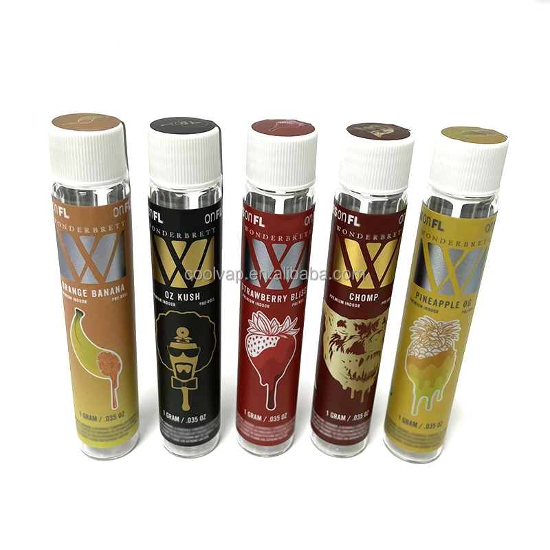Customized Wonderbrett 1g Pre-Roll Tube Cones In stock With Stickers Labels Jokes Up Runtz Moonrock Glass Pre Roll Packaging