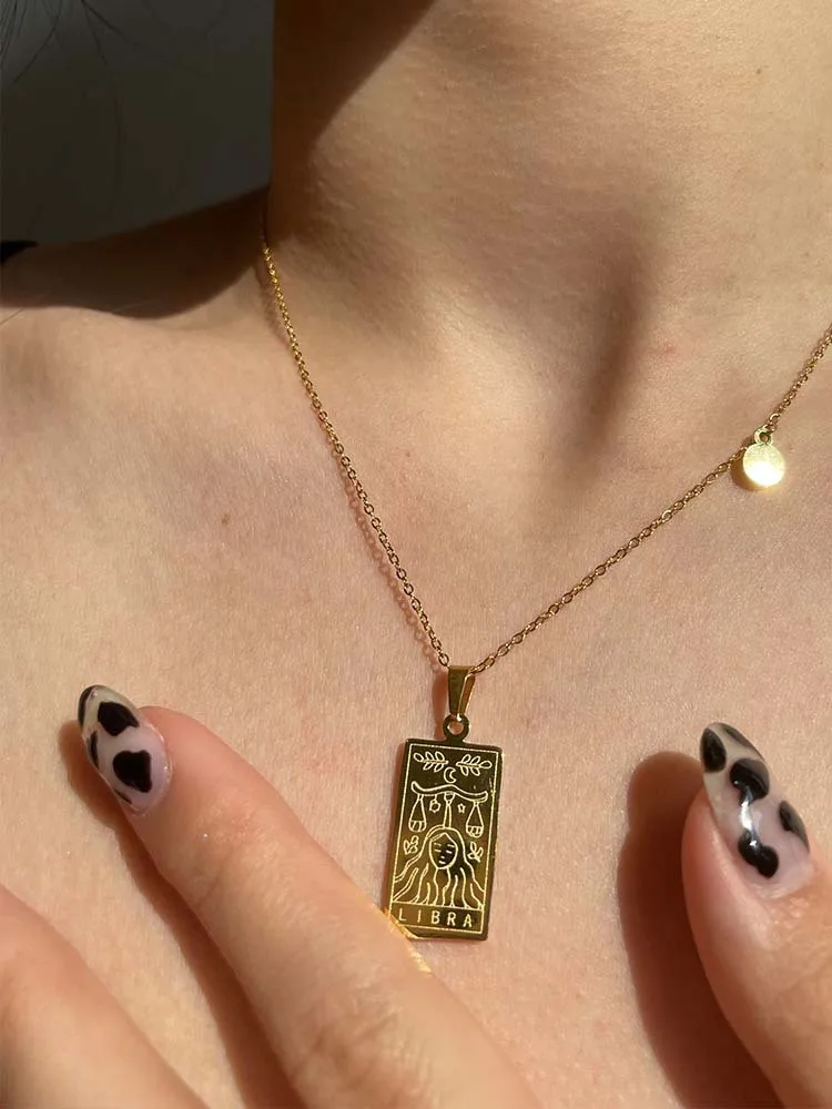 Astrology Square 12 Zodiac Tarot Card Deck Jewelry Gold Stainless Steel Zodiac Sign Pendant Necklace
