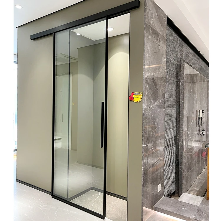 HDSAFE glass sliding barn doors hardware wall mounted room interior glass door soft closing black slim frame single sliding door
