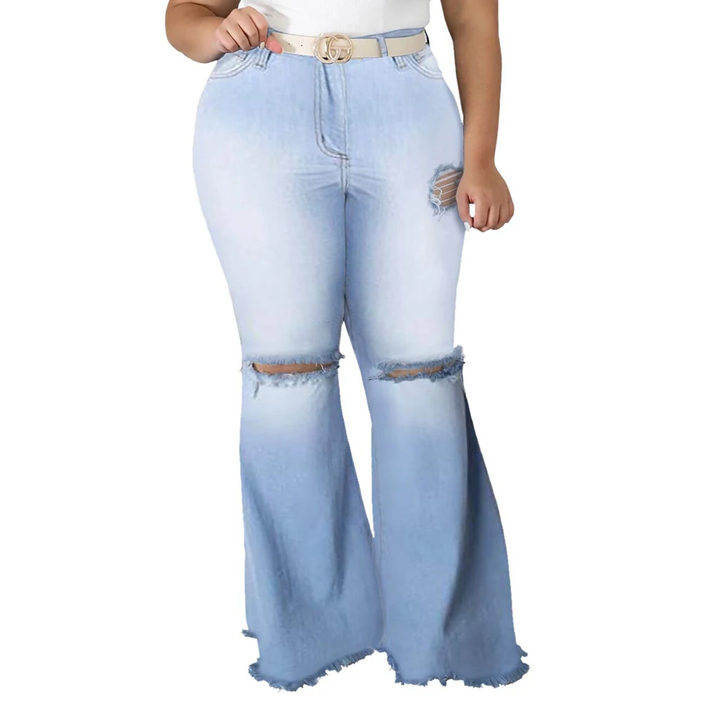 
Fashion plus size High waist stretch butt lifting distressed knee hole denim baggy wide leg flare jeans pants 