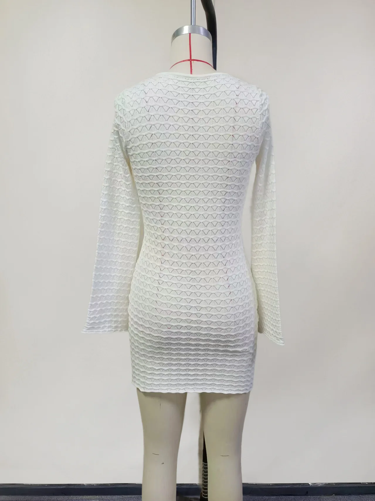 STOCK Long Sleeve Knitted Mini Dress Women Crochet Dress Swimwear Cover Ups Beach Tunic Caftan