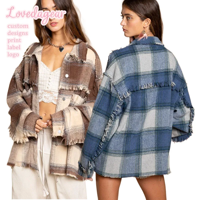 Colorblock Patchwork Oversized Shacket Casual Long Sleeve Ladies Coat Plaid Button Flannel Shirt For Women