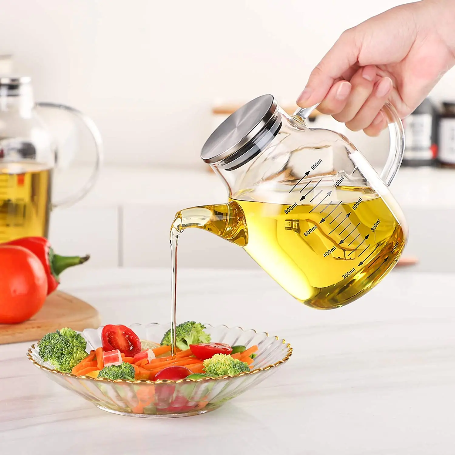 Amazo Borosilicate Sauce Cruet Measuring Glass Bottle Cooking Olive Oil Vinegar Dispenser with Pour Spout