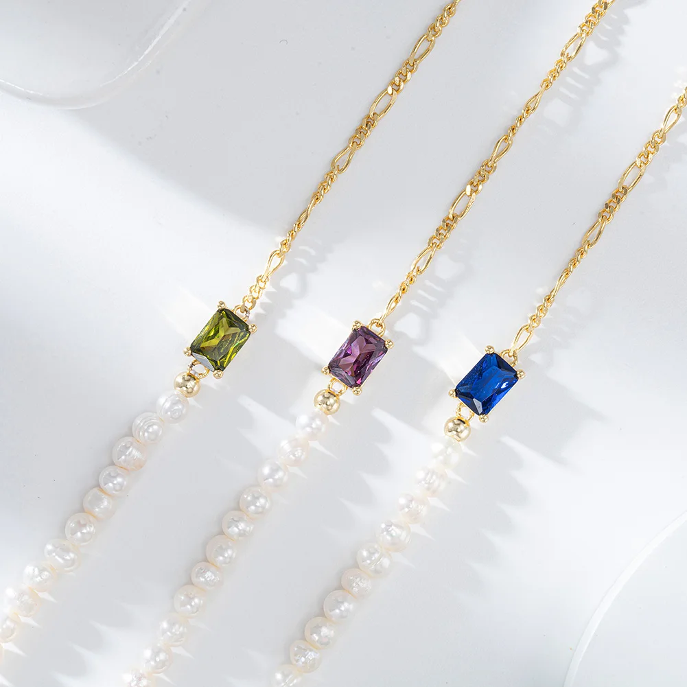RINNTIN GPB24 Colorful Zircon 925 Sterling Silver 14K Gold Plated Freshwater Pearl Bracelet Link Chain Diamond Bracelet