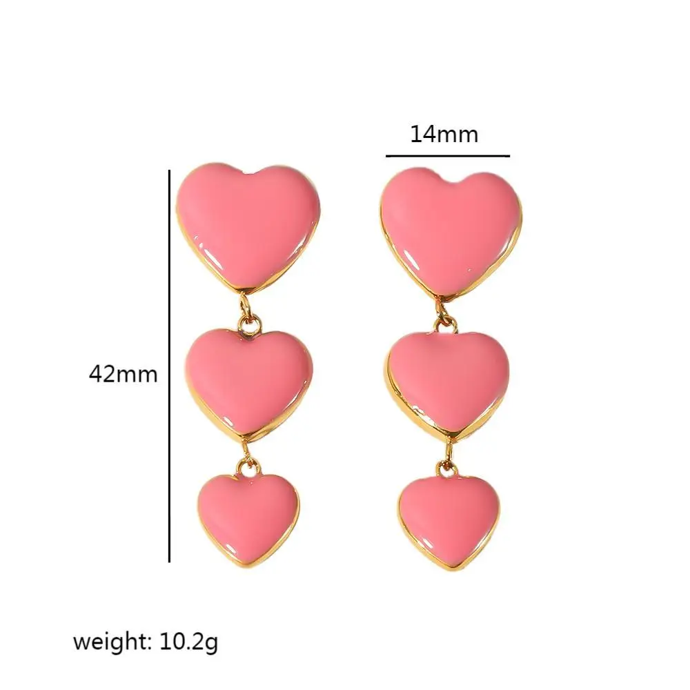 Oil Dropping Green White Pink Love Heart Pendant Earrings 18K Gold Titanium Steel Long Drop Dangle Earrings Jewelry
